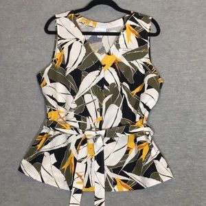 LIZ CLAIBORNE Linen Blend Spring Summer Abstract Floral Tunic Top with Tie Belt